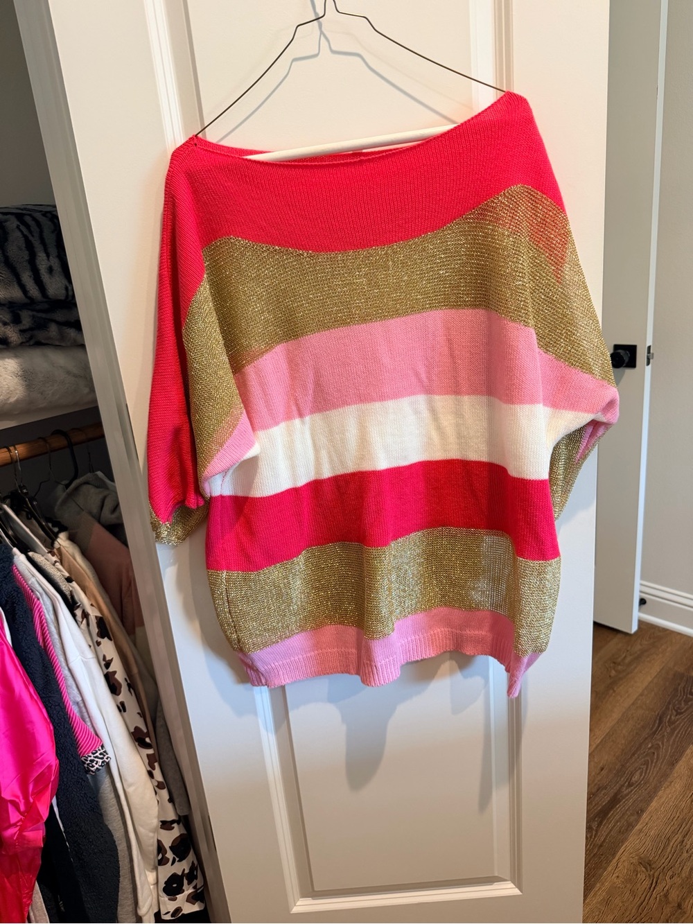 Off-the-Shoulder Striped Sweater in Pink & Gold